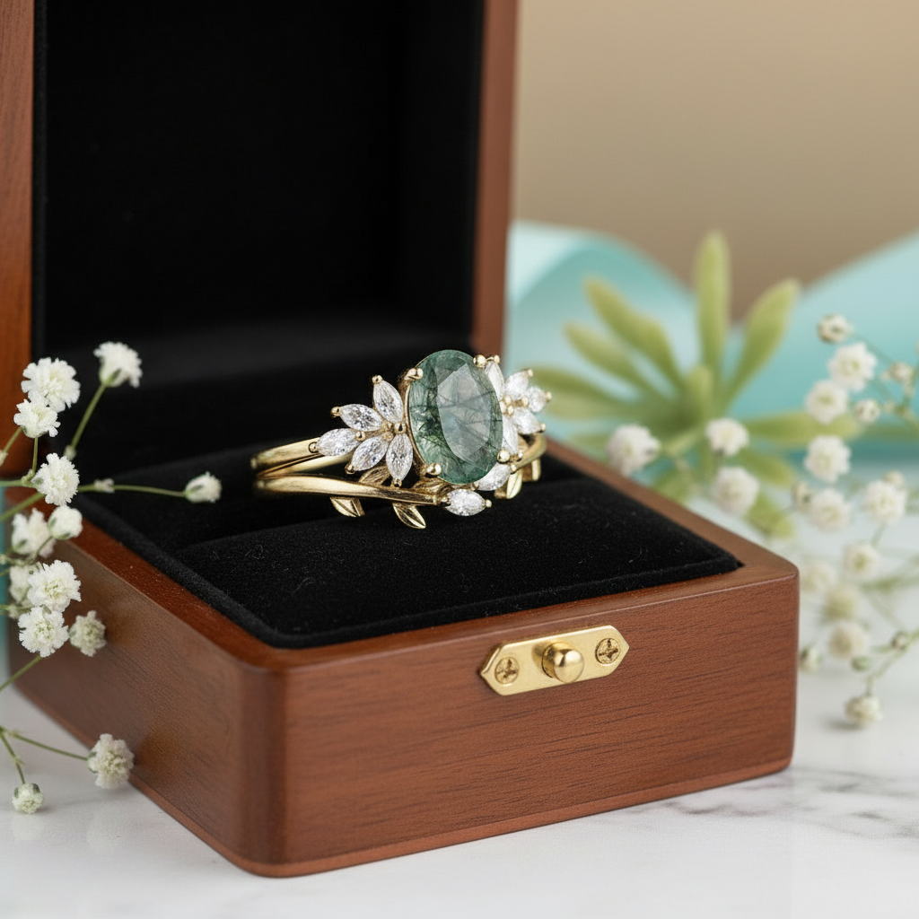 Wild and Gentle Vow- Oval Shaped Natural Moss Agate Engagement Ring - Evani Naomi Jewelry