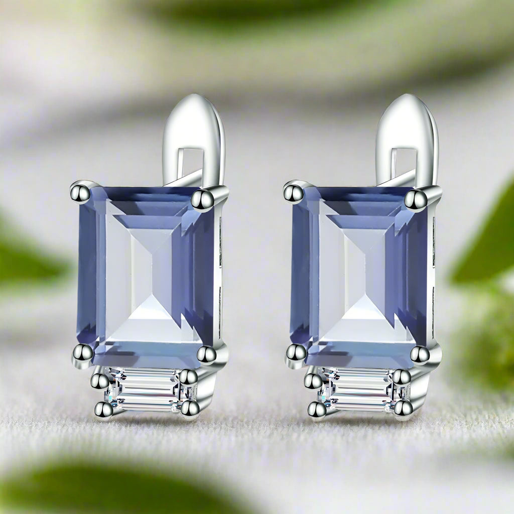 Pair of blue gemstone earrings with silver setting on a white background
