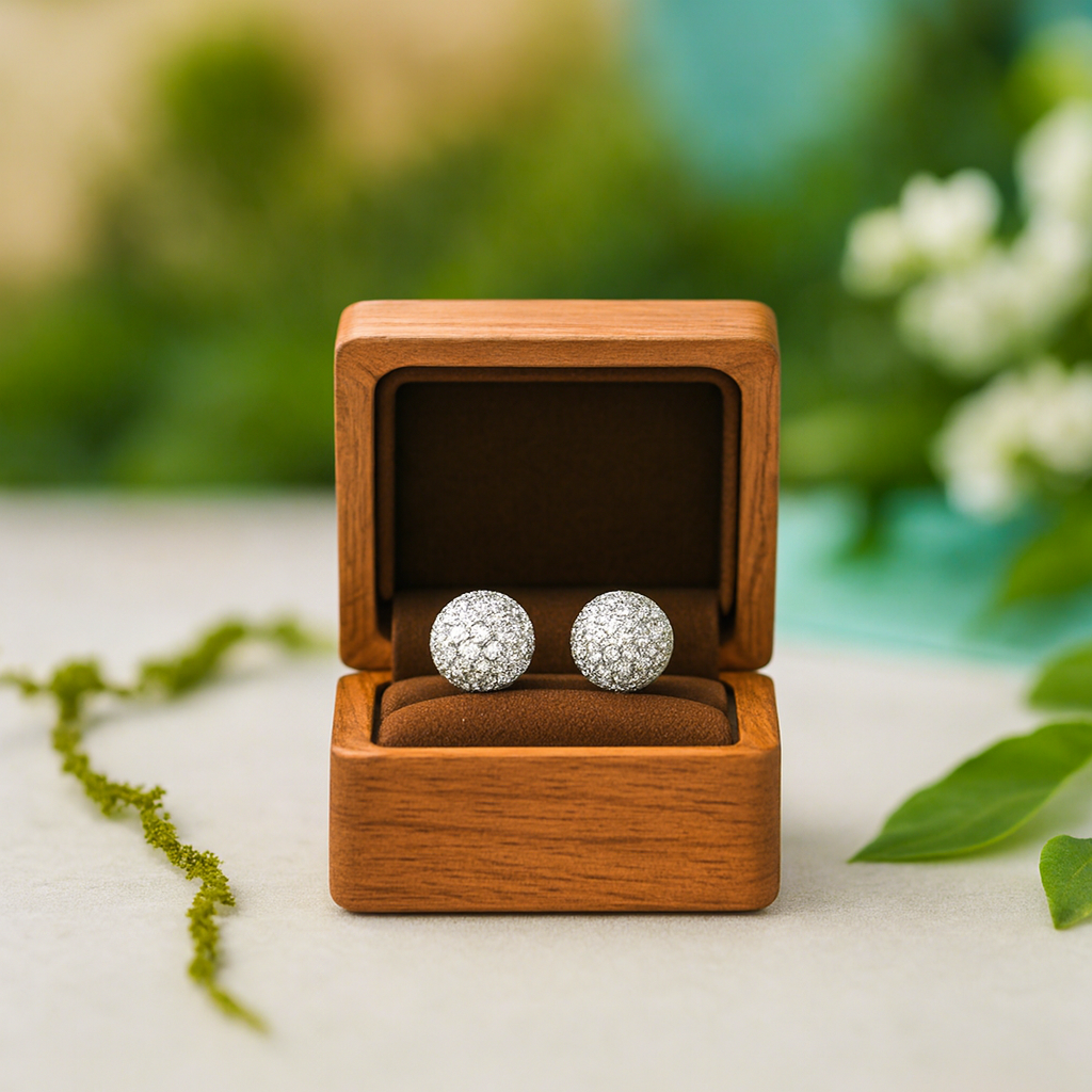 Pair of diamond earrings in a wooden box with a natural background