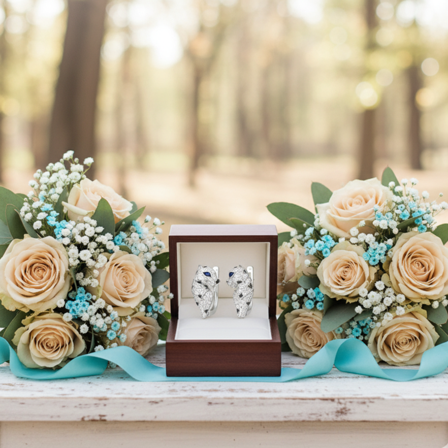 Pair of earrings in a wooden box with two bouquets of flowers on a wooden surface outdoors.