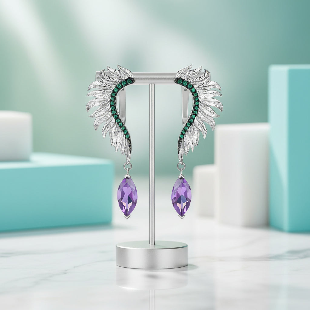 Wings of Forever- Angel Wings Feather Natural Moss Agate Earrings-Evani Jewelry