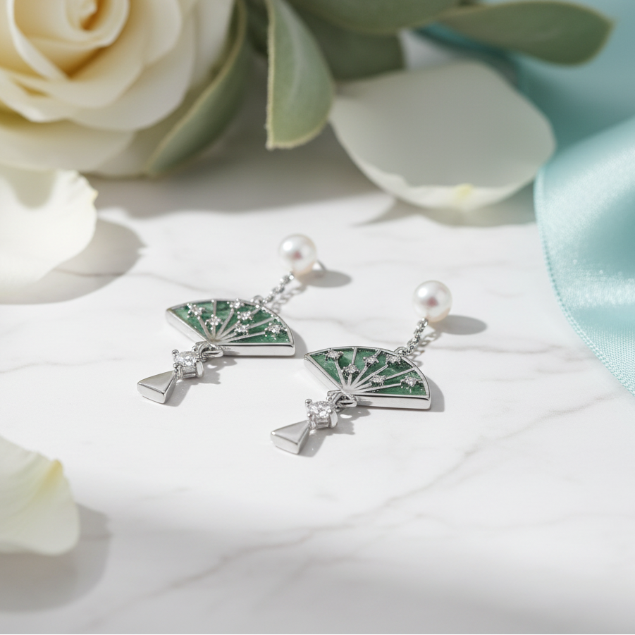 Love Grown in Grace- Chinese Style Fan Shaped Unique Moss Agate Earrings-Evani Jewelry