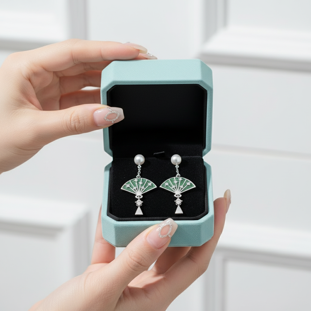 Love Grown in Grace- Chinese Style Fan Shaped Unique Moss Agate Earrings