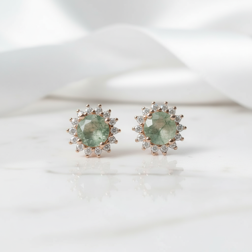 Eternal Pair- Unique Round Cut Moss Agate Snowflake Halo Studs Earrings