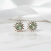 Eternal Pair- Unique Round Cut Moss Agate Snowflake Halo Studs Earrings