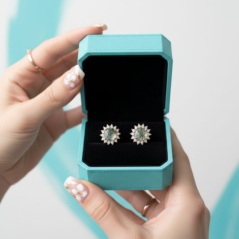 Eternal Pair- Unique Round Cut Moss Agate Snowflake Halo Studs Earrings - Evani Naomi Jewelry