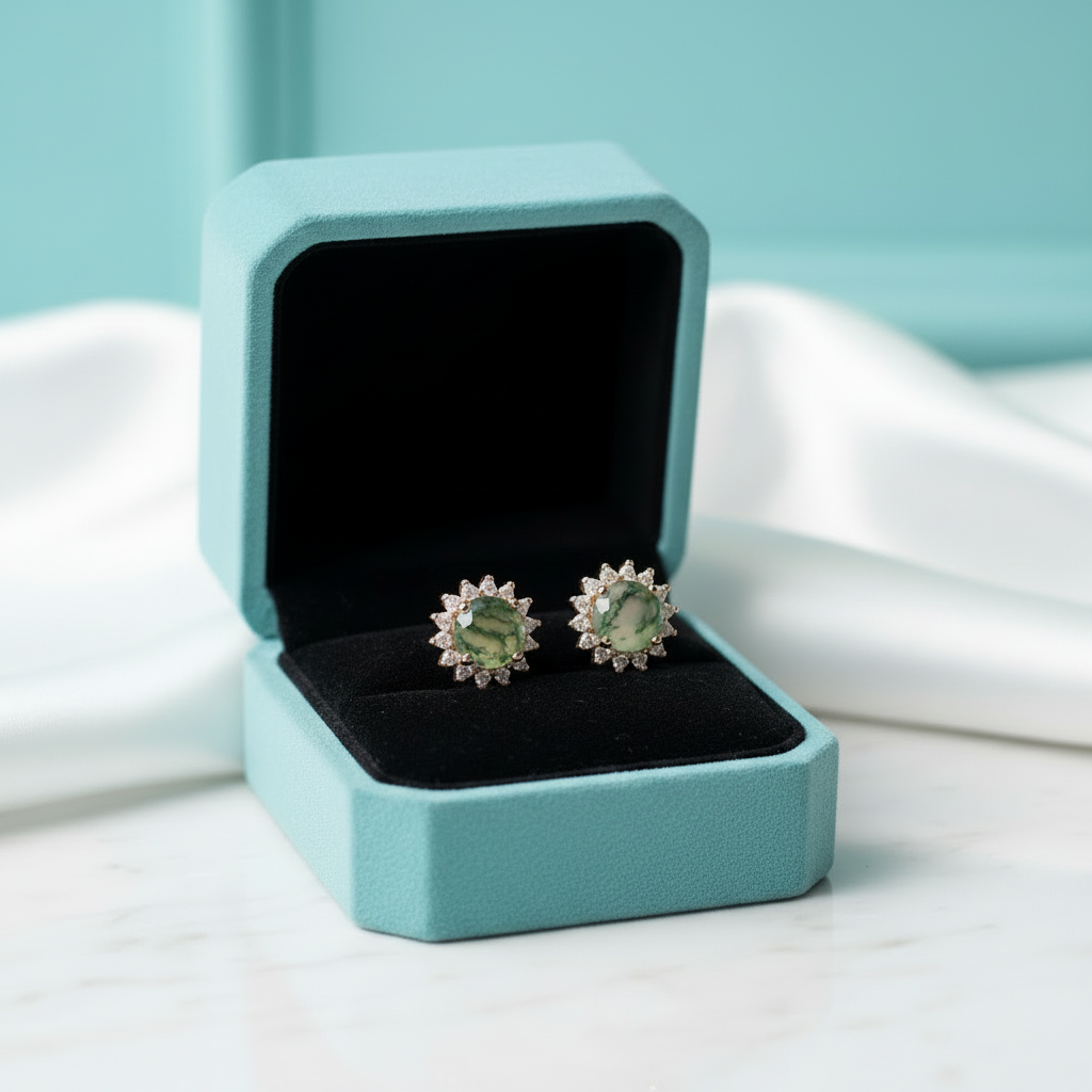 Eternal Pair- Unique Round Cut Moss Agate Snowflake Halo Studs Earrings - Evani Naomi Jewelry
