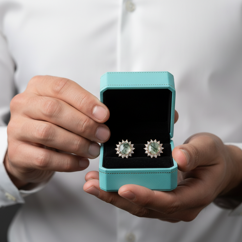 Eternal Pair- Unique Round Cut Moss Agate Snowflake Halo Studs Earrings