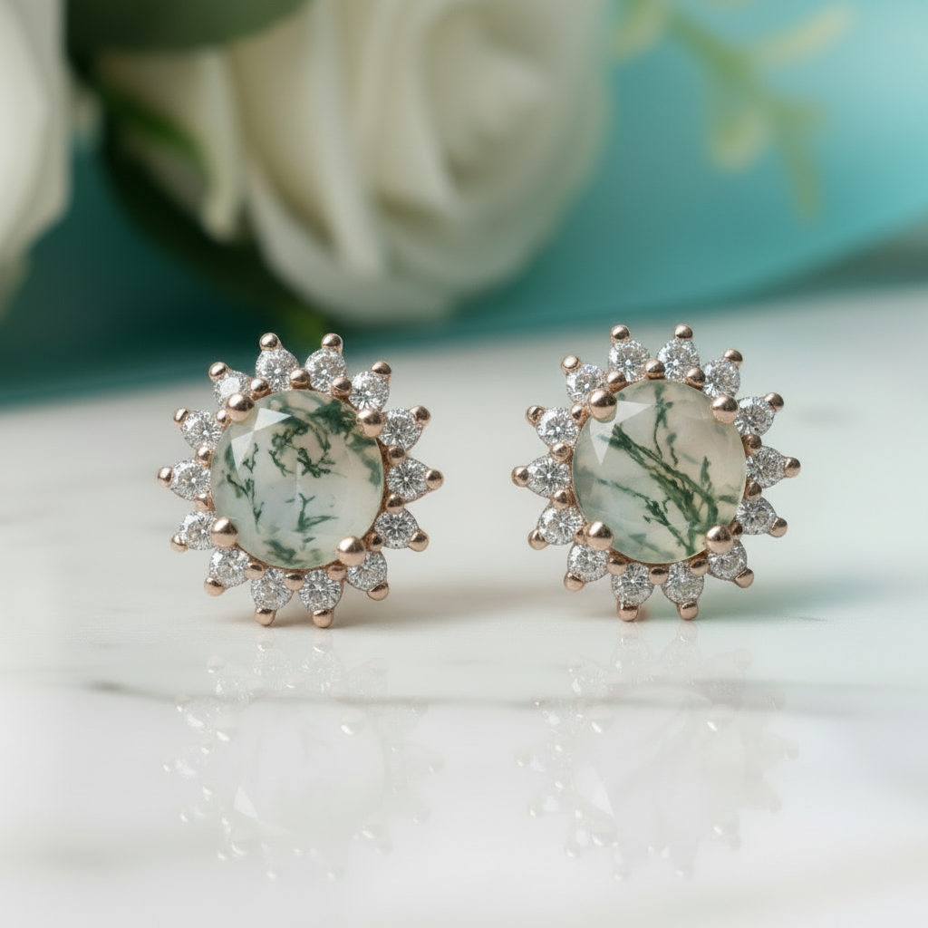 Eternal Pair- Unique Round Cut Moss Agate Snowflake Halo Studs Earrings