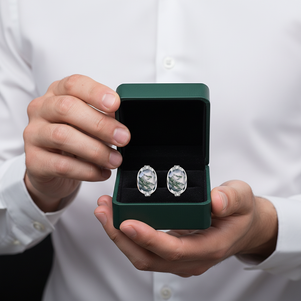 Embrace of Forever- Dainty Gemstone Oval Natural Moss Agate Studs Earrings