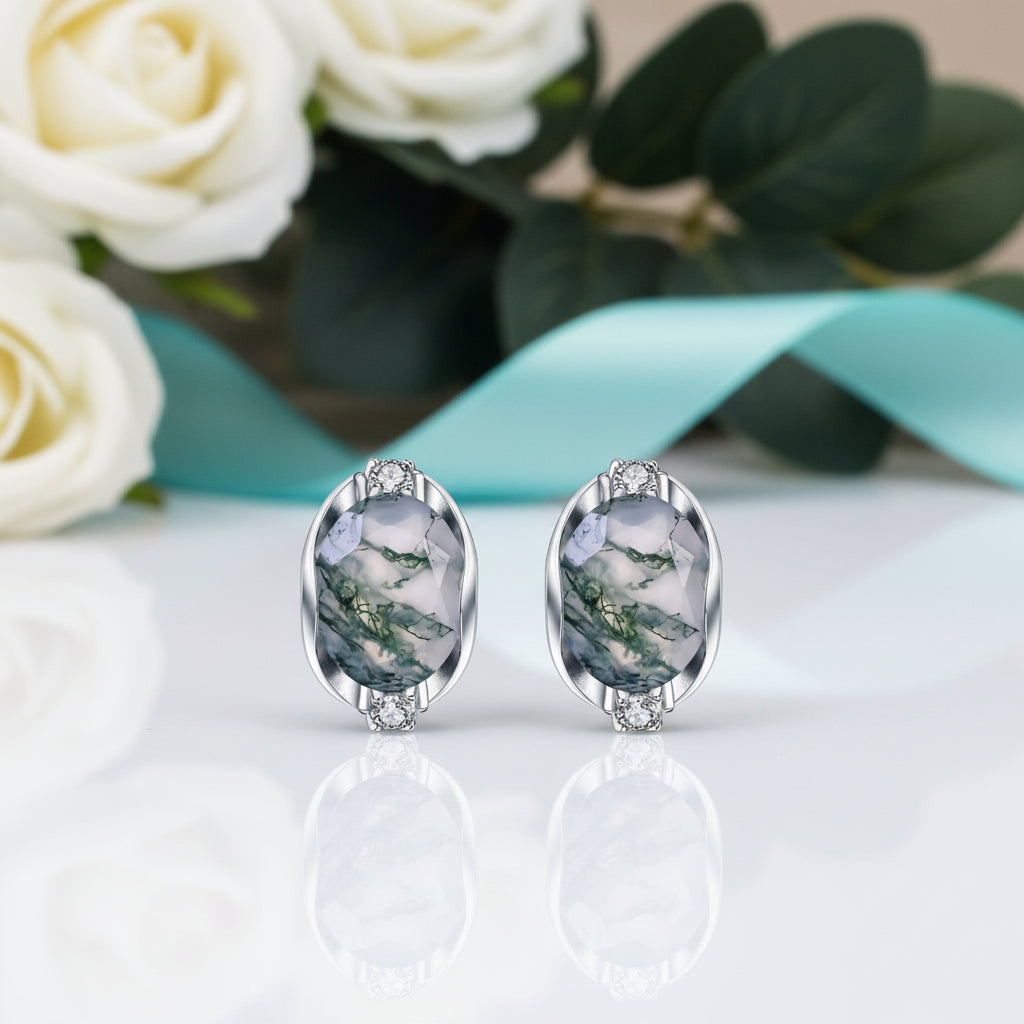 Embrace of Forever- Dainty Gemstone Oval Natural Moss Agate Studs Earrings-Evani Jewelry