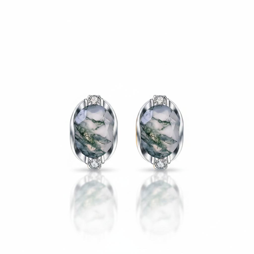 Embrace of Forever- Dainty Gemstone Oval Natural Moss Agate Studs Earrings