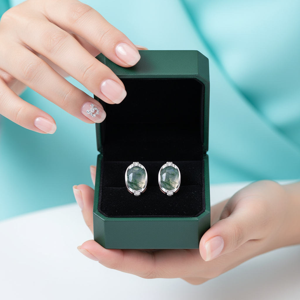 Embrace of Forever- Dainty Gemstone Oval Natural Moss Agate Studs Earrings