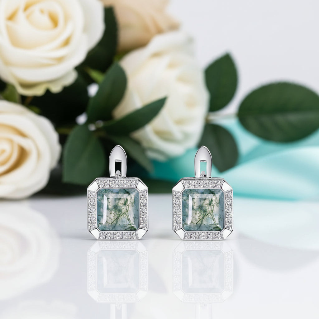 Whispers of Forever- Natural Moss Agate Gemstone Clip Earrings-Evani Jewelry