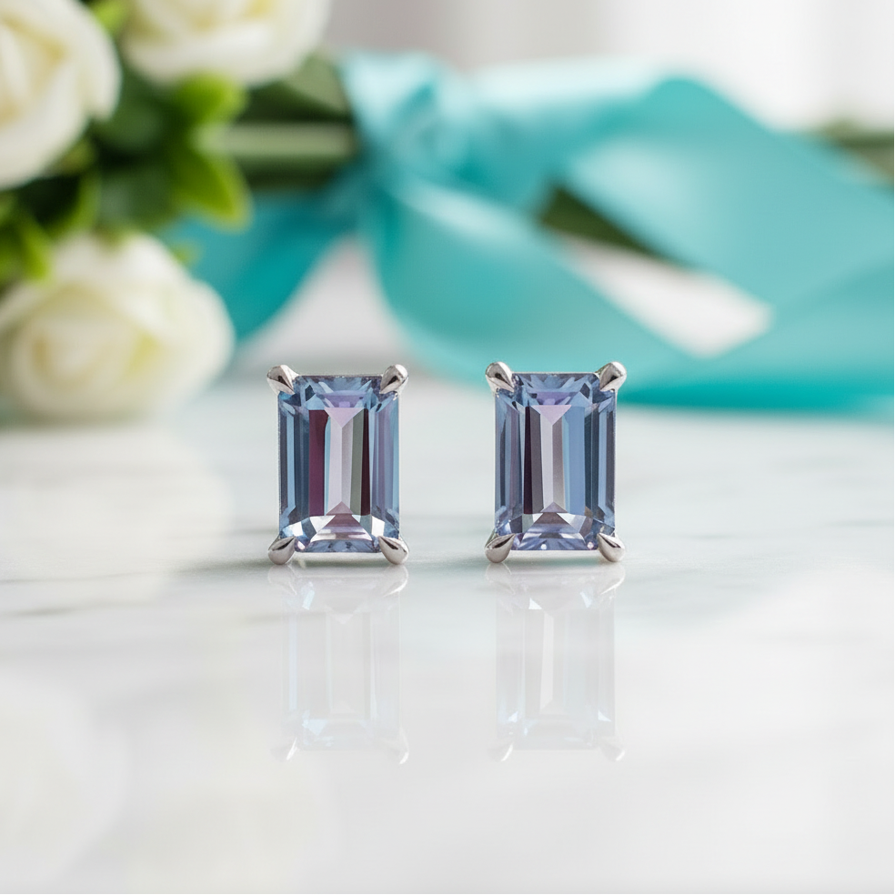 Emerald Cut Alexandrite Birthstone Stud Earrings