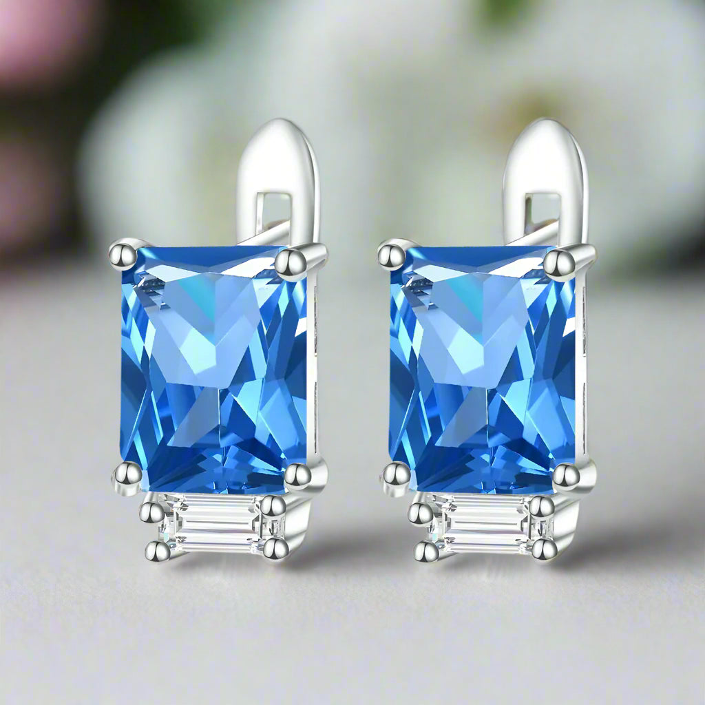 Pair of silver earrings with blue gemstones on a white background