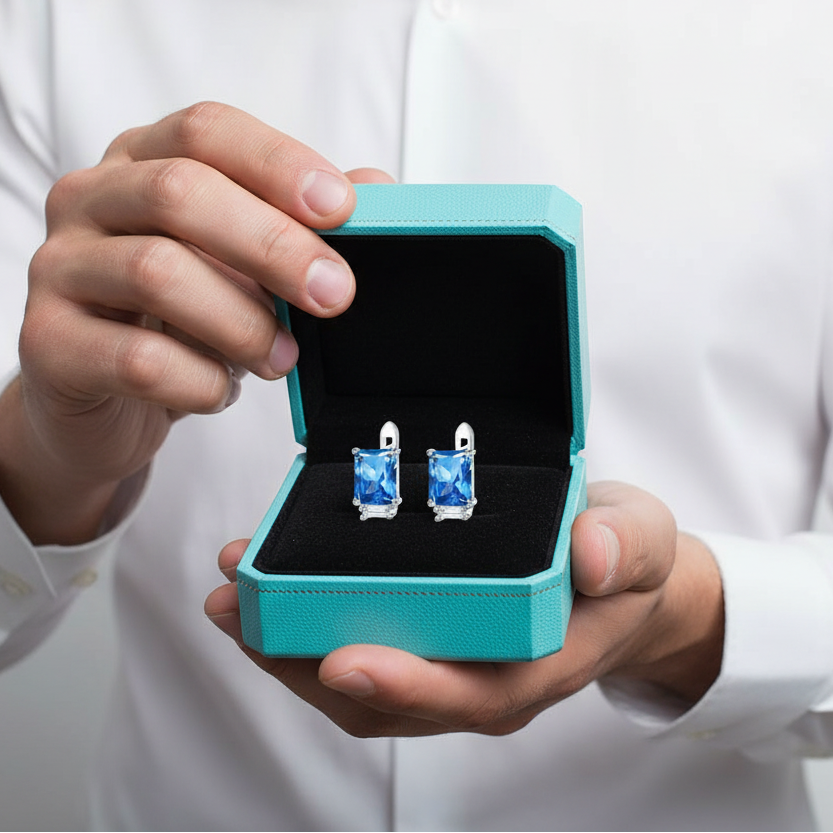 Unique Octagon Cut Sapphire Birthstone Studs Earrings