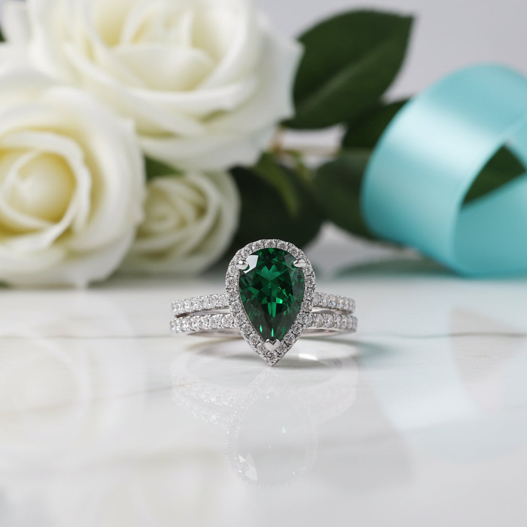 Pear Cut 2.2 ct Emerald Green Diamond Halo Bridal Ring Set-Evani Jewelry