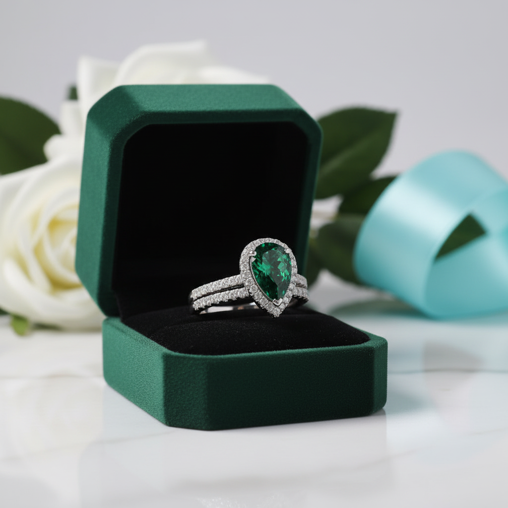 Pear Cut 2.2 ct Emerald Green Diamond Option Halo Bridal Ring Set - Evani Naomi Jewelry