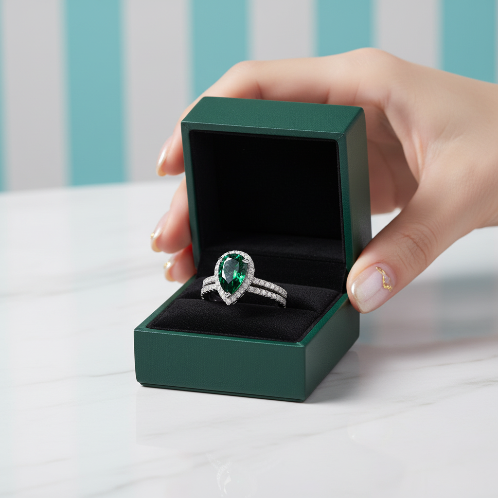 Pear Cut 2.2 ct Emerald Green Diamond Option Halo Bridal Ring Set