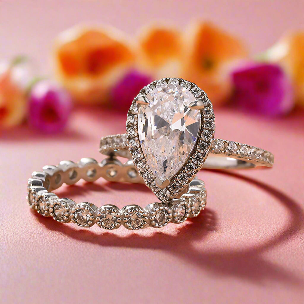 Pear Cut 2.2ct Diamond Halo with Milgrain Eternity Band Bridal Set-Evani Naomi Jewelry