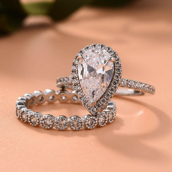Pear Cut 2.2ct Diamond Halo with Milgrain Eternity Band Bridal Set-Evani Naomi Jewelry
