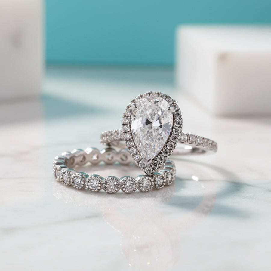 Pear Cut 2.2ct Diamond Halo with Milgrain Eternity Band Bridal Set-Evani Jewelry