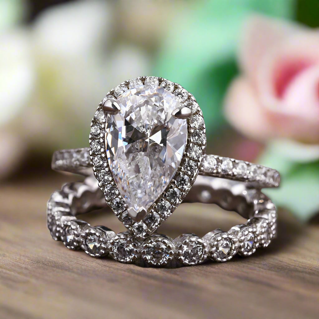 Pear Cut 2.2ct Diamond Halo with Milgrain Eternity Band Bridal Set-Evani Naomi Jewelry