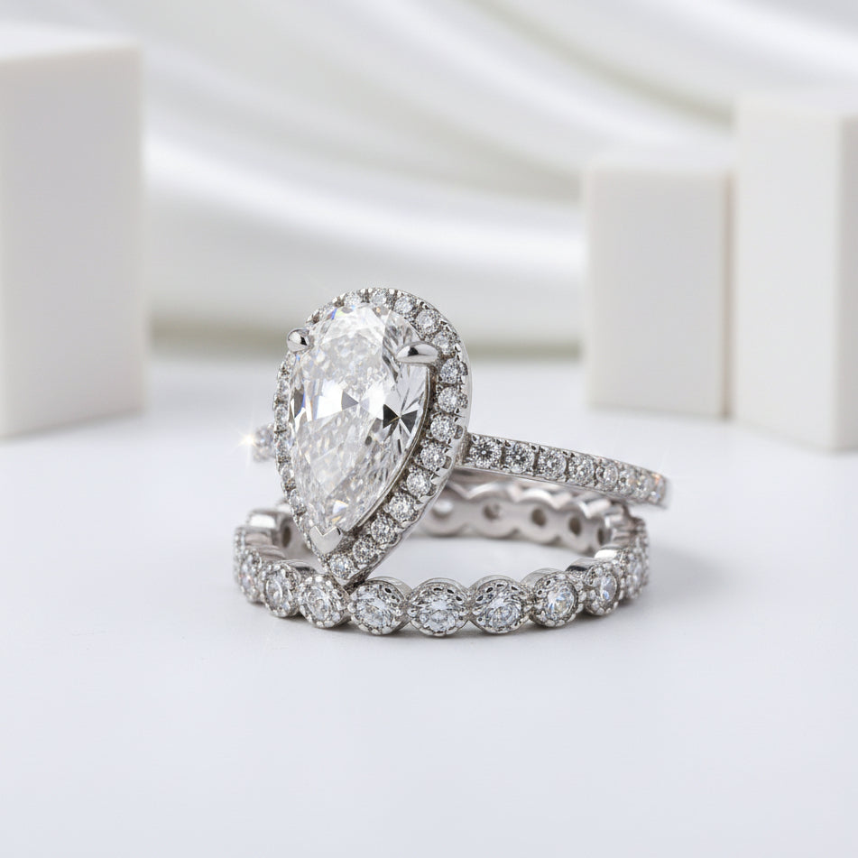Pear Cut 2.2ct Diamond Halo with Milgrain Eternity Band Bridal Set-Evani Jewelry