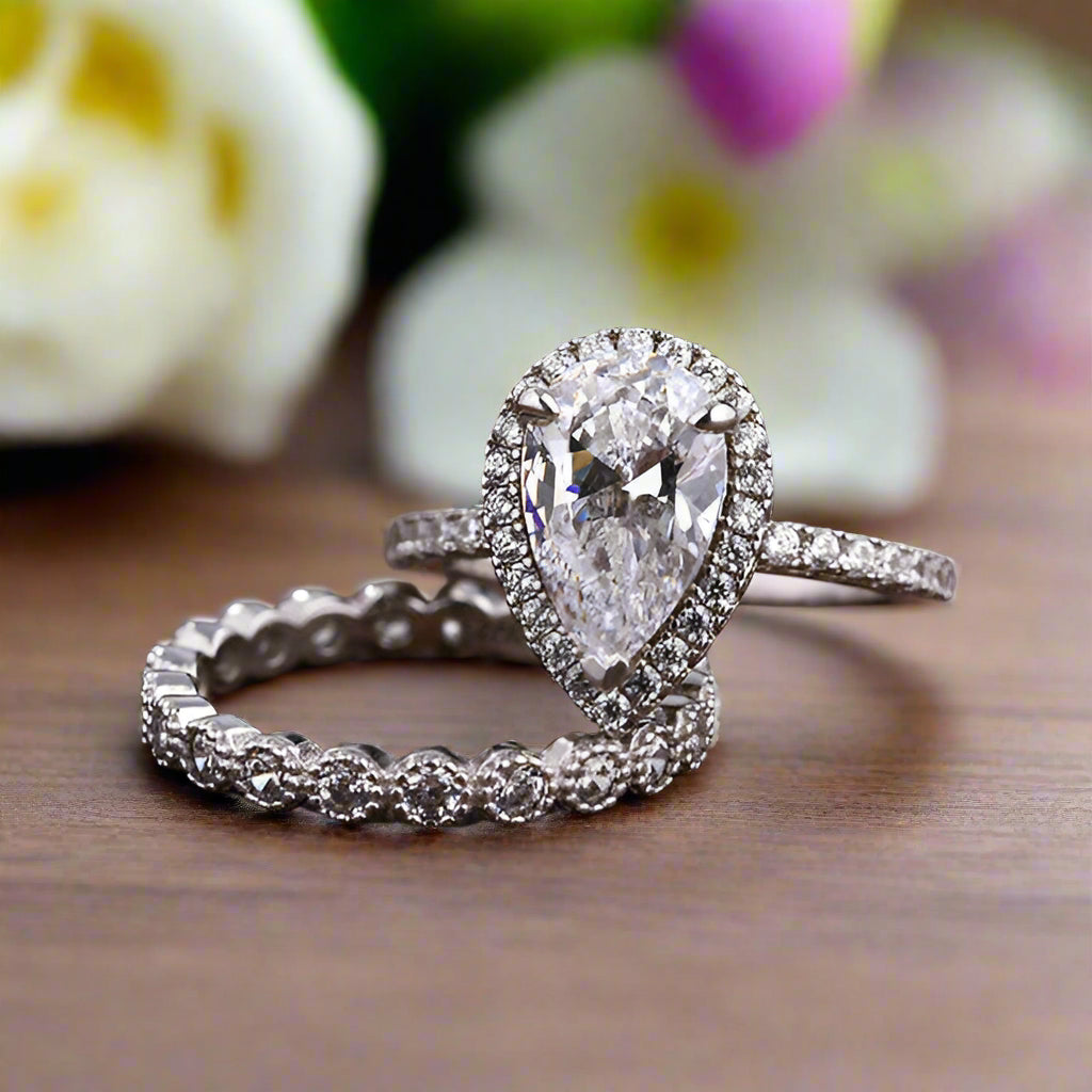 Pear Cut 2.2ct Diamond Halo with Milgrain Eternity Band Bridal Set-Evani Naomi Jewelry