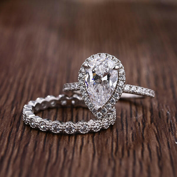 Pear Cut 2.2ct Diamond Halo with Milgrain Eternity Band Bridal Set-Evani Naomi Jewelry