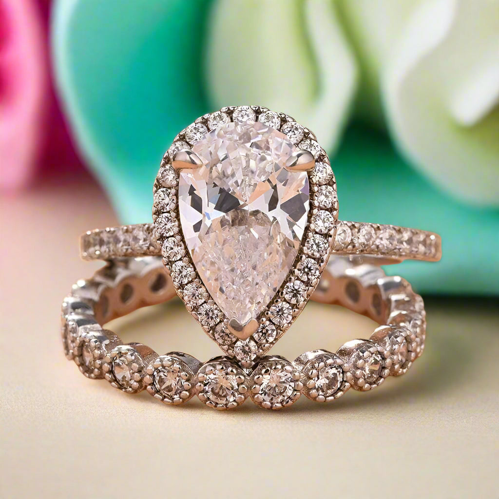 Pear Cut 2.2ct Diamond Halo with Milgrain Eternity Band Bridal Set-Evani Naomi Jewelry