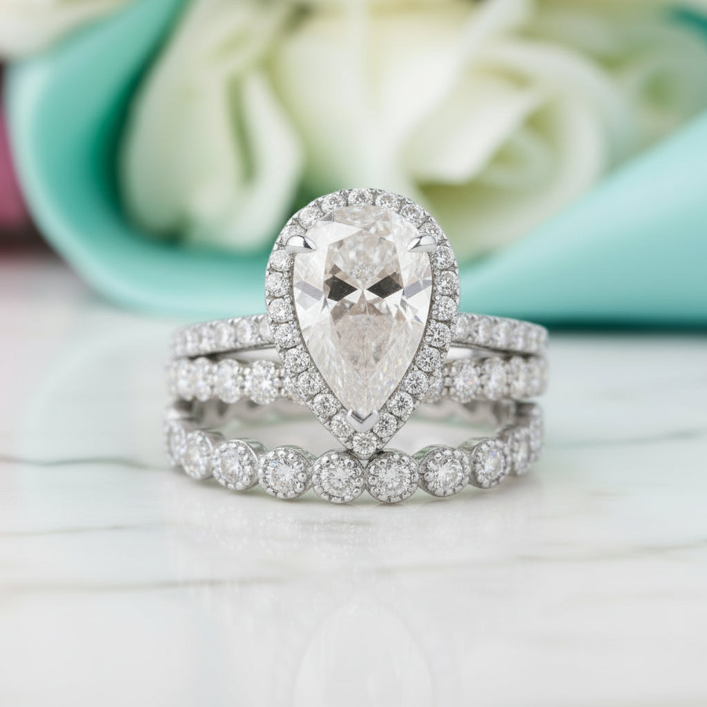 Pear Cut 2.2ct Diamond Halo with Milgrain Eternity Band Bridal Set-Evani Jewelry