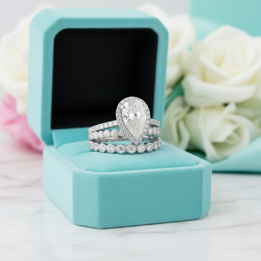 Pear Cut 2.2ct Diamond Halo with Milgrain Eternity Band Bridal Set-Evani Jewelry