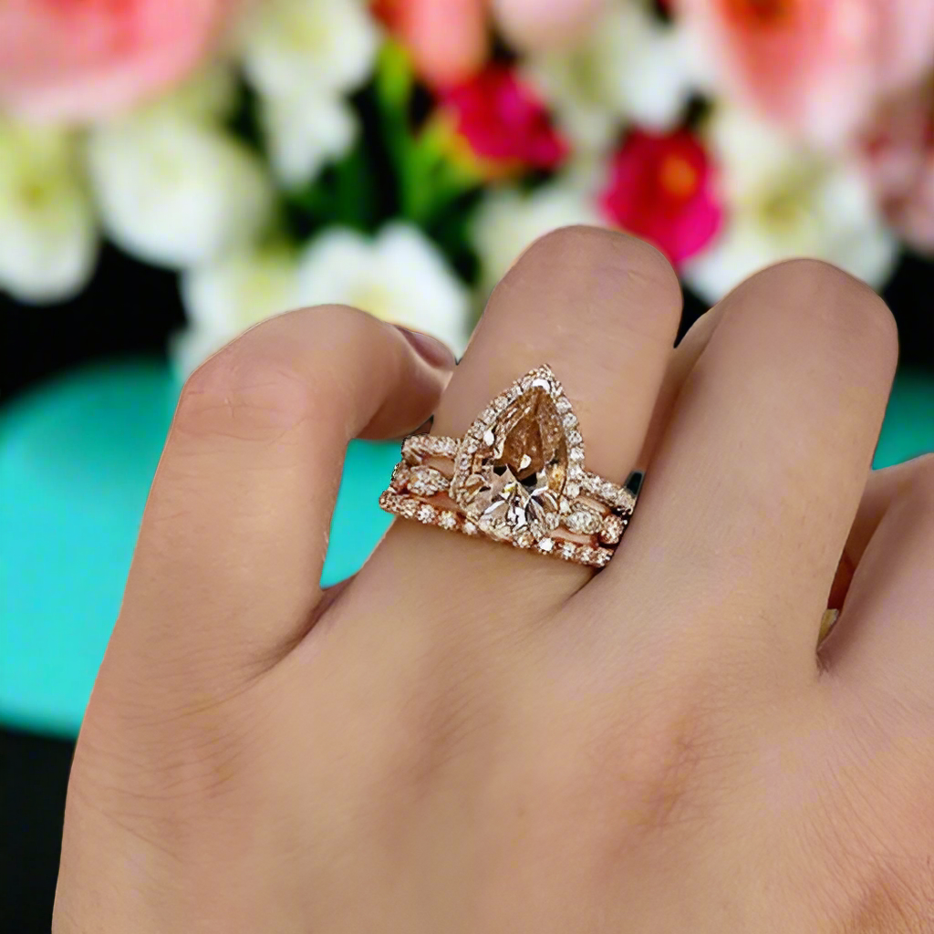 Pear Cut 2.2ct Synthetic Morganite 3 Pieces Bridal Set-Evani Jewelry