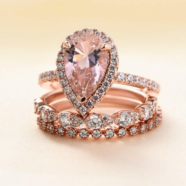 Pear Cut 2.2ct Synthetic Morganite 3 Pieces Bridal Set-Evani Naomi Jewelry