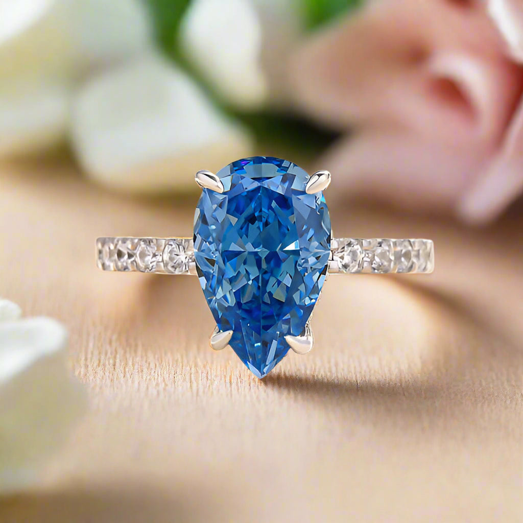 Pear Cut 3.0 ct Blue Sapphire Diamond Engagement Ring-Evani Naomi Jewelry