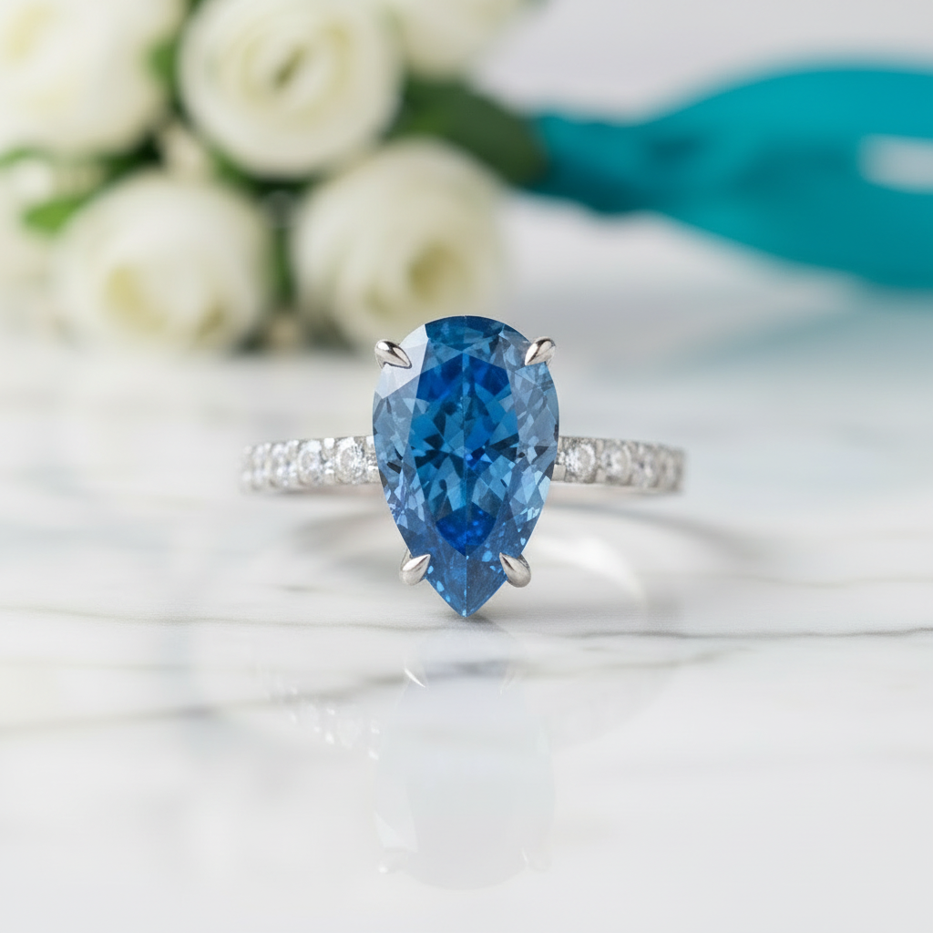 Pear Cut 3.0 ct Blue Sapphire Engagement Ring - Evani Naomi Jewelry