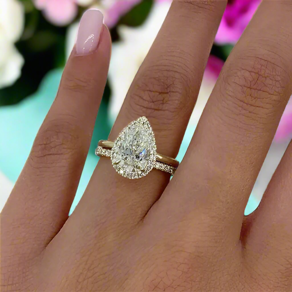 Pear Cut Diamond with Halo Yellow Gold Bridal Set-Evani Naomi Jewelry
