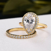 Pear Cut Diamond with Halo Yellow Gold Bridal Set-Evani Naomi Jewelry