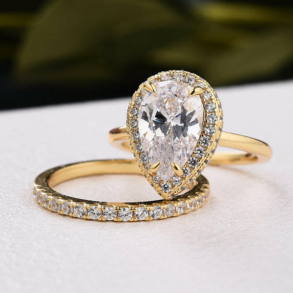 Pear Cut Diamond with Halo Yellow Gold Bridal Set-Evani Naomi Jewelry