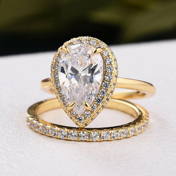 Pear Cut Diamond with Halo Yellow Gold Bridal Set-Evani Jewelry