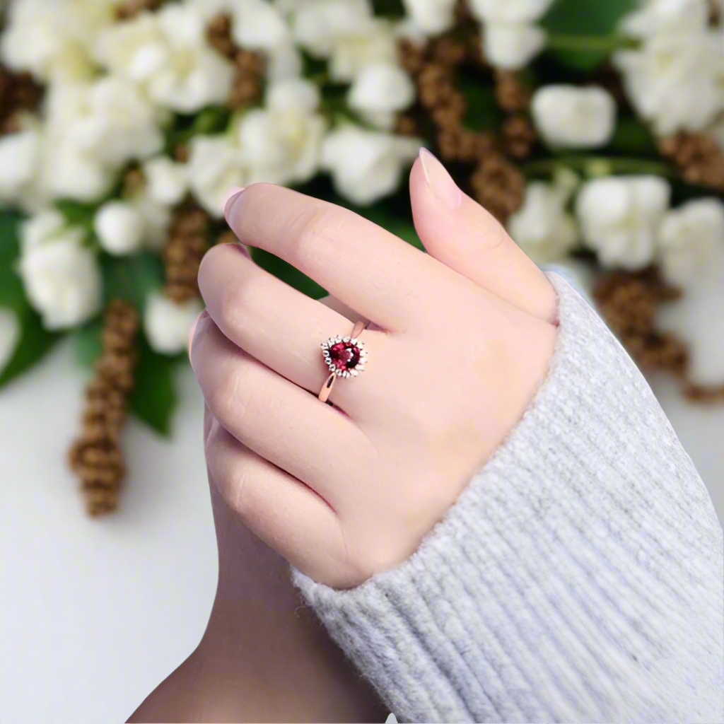 Pear Cut Garnet Diamond 14K Rose Gold Halo Engagement Ring-Evani Naomi Jewelry
