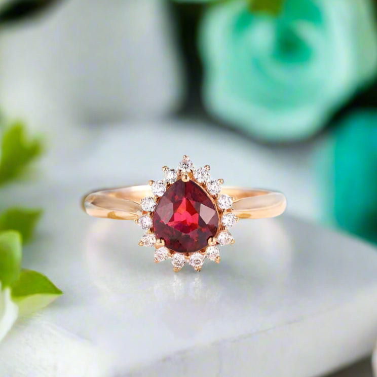 Pear Cut Garnet Diamond 14K Rose Gold Halo Engagement Ring-Evani Naomi Jewelry