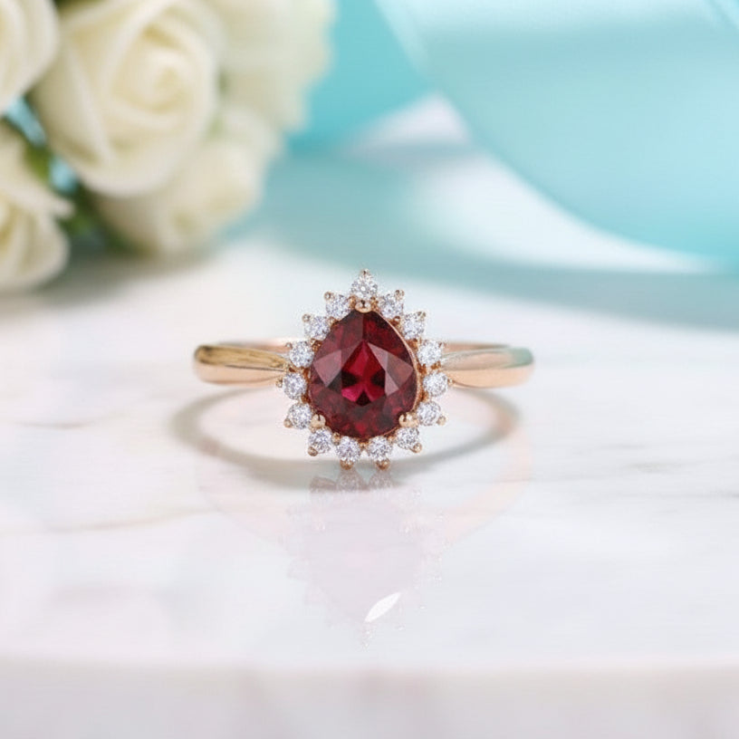 Pear Cut Ruby Birthstone Moissanite 14K Rose Gold Halo Engagement Ring-Evani Jewelry