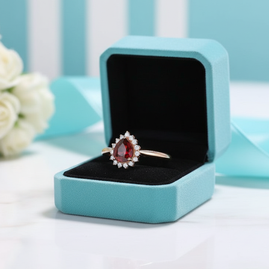 Pear Cut Garnet 14K Rose Gold Halo Engagement Ring-Evani Jewelry