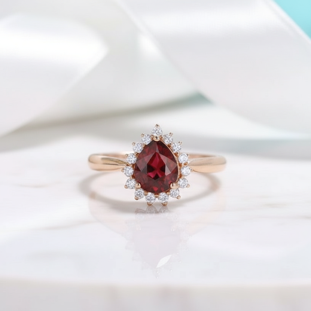 Pear Cut Ruby Birthstone Moissanite 14K Rose Gold Halo Engagement Ring-Evani Jewelry