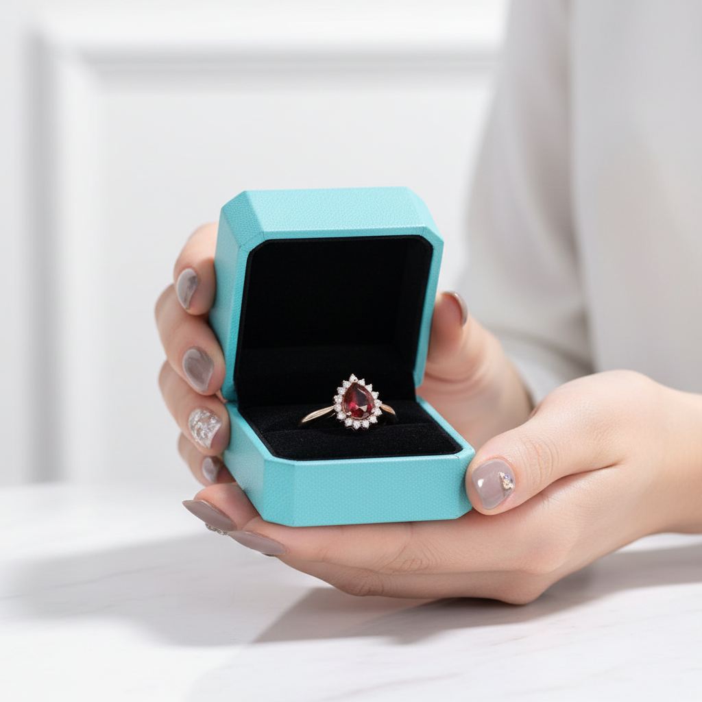 Pear Cut Ruby Birthstone Moissanite 14K Rose Gold Halo Engagement Ring-Evani Jewelry