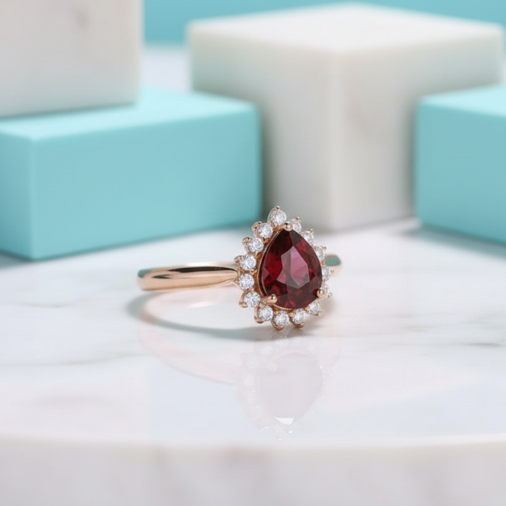 Pear Cut Ruby Birthstone Moissanite 14K Rose Gold Halo Engagement Ring-Evani Jewelry