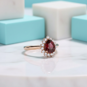 Pear Cut Ruby Birthstone Moissanite 14K Rose Gold Halo Engagement Ring-Evani Jewelry